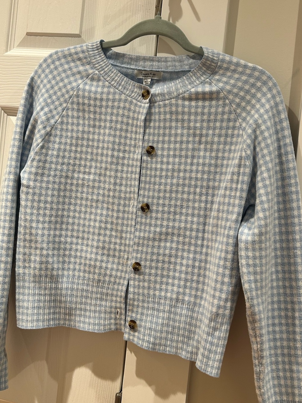 Casual Blue Gingham Button-Front Cardigan